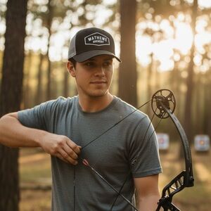 Mathews Archery Black& Grab Mesh Snapback Trucker Hat Red Rock Archery Logo